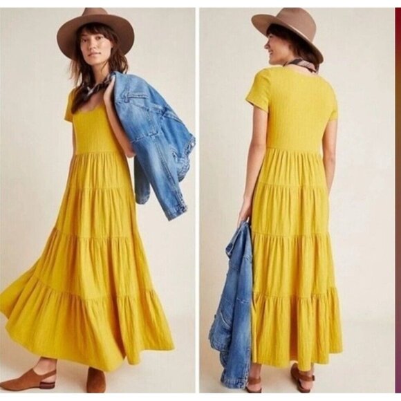 Maeve Anthropologie Gillian Mustard Tiered Maxi Boho Peasant Dress Sz XS Stretch - Picture 1 of 12
